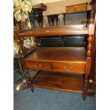 A REPRODUCTION MAHOGANY THREE TIER BUFFET WITH TWO DRAWERS H-111 W-90 CM