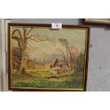 A FRAMED OIL ON BOARD DEPICTING A COUNTRY SCENE WITH CATTLE INSCRIBED VERSO GORDON CLIFFORD BARLOW