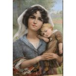 A FRAMED AND GLAZED VINTAGE PRINT DEPICTING A MOTHER AND CHILD
