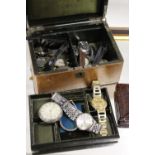 A JEWELLERY BOX AND CONTENTS TO INCLUDE WRIST AND POCKET WATCHES