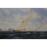 A LARGE FRAMED AND GLAZED SIGNED LIMITED EDITION PRINT DEPICTING SAIL BOATS BY JOHN STEVEN DEWS