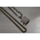 A SILVER BOX LINK CHAIN WITH SILVER BOOK SHAPED LOCKET PENDANT, TOGETHER WITH A SILVER ROPE TWIST