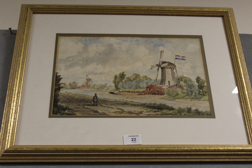 A FRAMED AND GLAZED WATERCOLOUR DEPICTING A WINDMILL NEAR ROTTERDAM BY HAYDOCK GIBSON