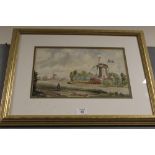 A FRAMED AND GLAZED WATERCOLOUR DEPICTING A WINDMILL NEAR ROTTERDAM BY HAYDOCK GIBSON