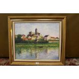 A MODERN GILT FRAMED IMPRESSIONIST OIL ON CANVAS DEPICTING A RIVER BEFORE BUILDINGS
