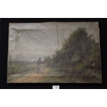 AN UNFRAMED OIL ON CANVAS DEPICTING A MAN AND A DONKEY IN A COUNTRY LANDSCAPE BY SEBASTOPOL SAMUEL