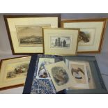 (XIX-XX). Four framed engravings etc., to include The Hawking Party and East View of Birmingham,