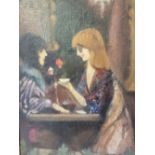 GERALD RAPSON. Impressionist cafe interior scene with two girls talking, see label verso, signed and
