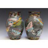 A PAIR OF MEIJI PERIOD STYLE JAPANESE CLOISONNE VASES, both with modern vignette designs around