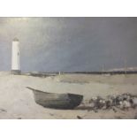 STORMY COASTAL SHORE SCENE WITH FIGURES, BEACHED BOAT AND LIGHTHOUSE, indistinctly signed and