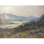 (XIX). Mountainous wooded lake scene, signed with monogram lower right, oil on canvas, unframed,