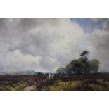 GEORGE HAMILTON CONSTANTINE (1875-1967). Three horses pulling a log cart across a moorland