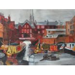 CIRCLE OF ALAN LOWNDES (19821-1978). Town canal scene with moored canal boats, bears signature and