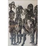 JOHN BRATBY (1928-1992). Knights in armour, signed lower right and dated 7.5.65, pen, framed and