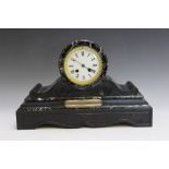 A VICTORIAN SLATE MAUSOLEUM DRUM HEAD MANTEL CLOCK, with veined marble panels, the enamel face