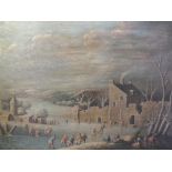 (XIX-XX). Dutch school, stormy wintry wooded frozen river landscape with figures skating and