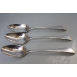 THREE GEORGE III HALLMARKED SILVER TABLE SPOONS, circa 1769-1771, various dates and makers, with