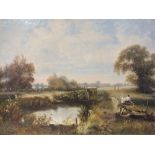 JOHN LANGSTAFFE. A rural wooded river landscape with figures and lock gates, signed lower left,