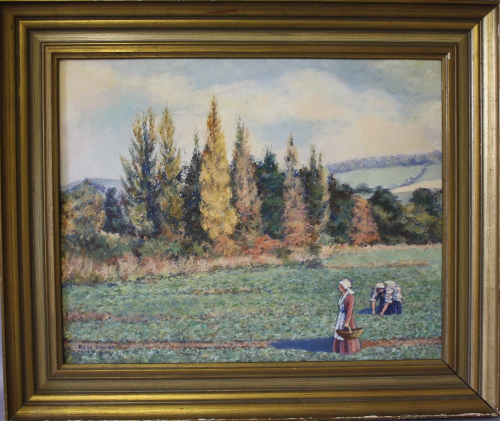 BESS DAVIES. Modern British school, wooded landscape with women in a field collecting vegetables, - Image 2 of 4