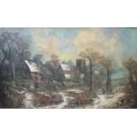 ENGLISH SCHOOL (XIX-XX). Winter village scene, unsigned, oil on canvas, gilt framed, 74 x 125 cm S/