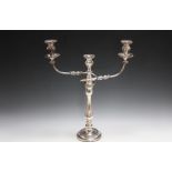 A TALL SILVER PLATED THREE BRANCH CANDELABRA, H 51.5 cm