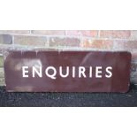 A VINTAGE SINGLE SIDED ENAMEL RAILWAY 'ENQUIRIES' SIGN, W 91 cm, H 30 cm, D 2 cm