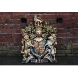 A LARGE ENGLISH CAST METAL ROYAL COAT OF ARMS PAINTED IN COLOURS, approximate dimensions H 81.5