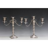 A PAIR OF SHEFFIELD PLATE TYPE THREE BRANCH CANDELABRA, H 33.5 cm