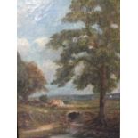 (XIX-XX). Impressionist wooded river landscape with cottage, hills beyond, unsigned, oil on