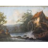 THOMAS WALMSLEY (1763-1806). Wooded rocky river landscape with anglers and watermill, hills