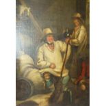 GEORGE MORLAND (1763-1804). Barn interior with two farm workers, dog and various implements,