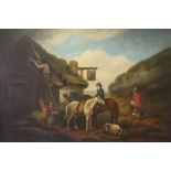 CIRCLE OF GEORGE MORLAND (1763-1804). Stormy rural scene with horses, figures and a pig before an