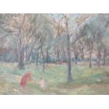 E.B. (XX). Impressionist woodland scene with mother and child, signed with initials lower left,