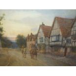 SAMUEL TOWERS (1862-1943). Rural village scene with figures and horses before the The Kings Arms