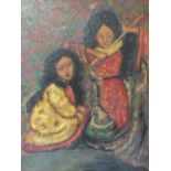 (XX). Impressionist study of two Oriental girls fishing in a pond, signed lower left, oil on canvas,