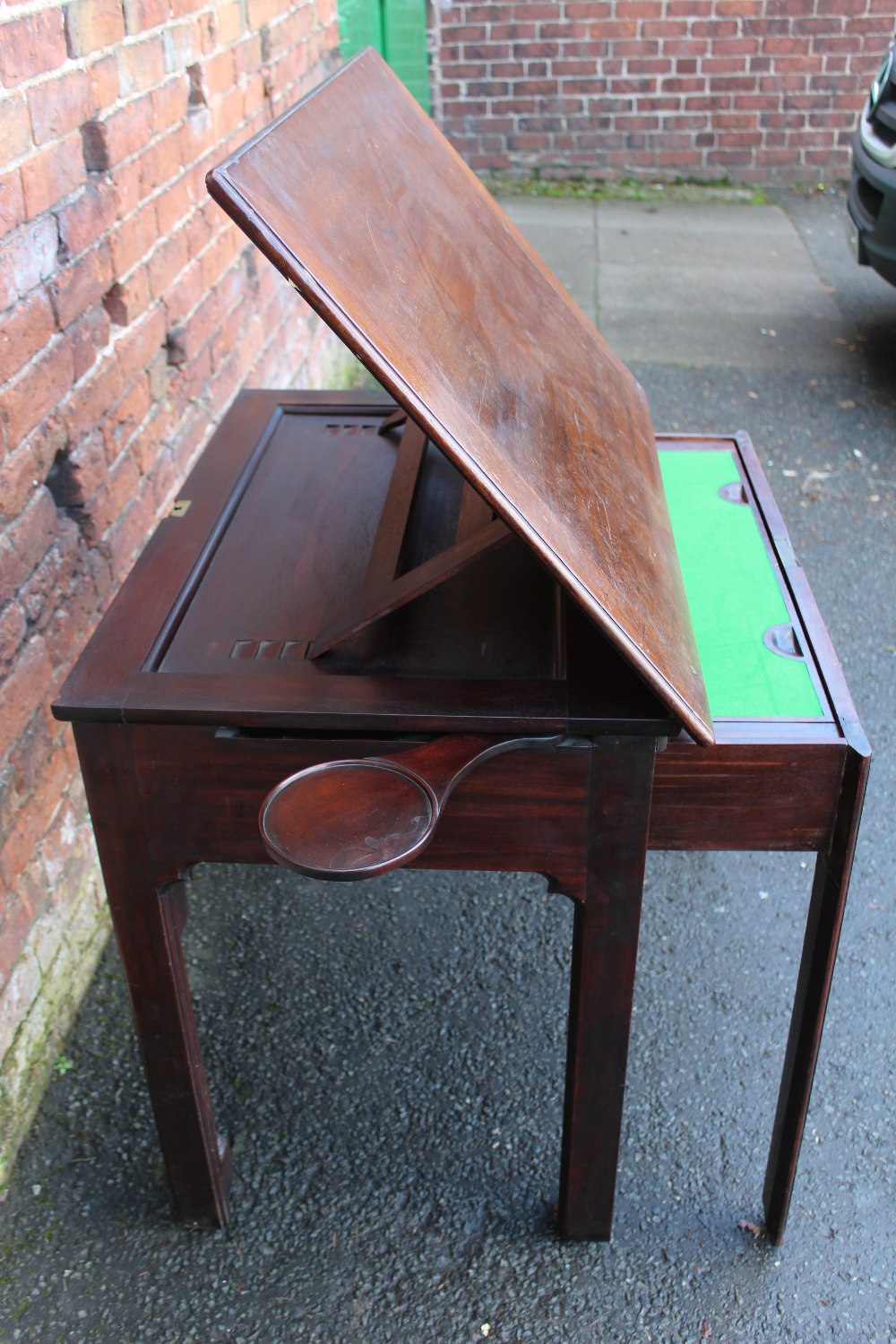 A GEORGIAN MAHOGANY CHIPPENDALE PERIOD ARCHITECTS TABLE, the hinged top with adjustable ratchet - Image 7 of 12