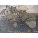 COULON. Continental school, rural landscape with stone bridge over river, signed and dated 1950