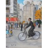 MARCEL BARIL. French school, French town scene with figures and a priest riding a bicycle, signed