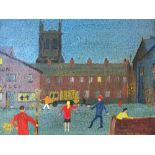 M.K. (XX). Modernist study of a town square with lorry and figures, signed with initials and dated
