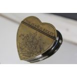 A HEART SHAPED SNUFF BOX, engraved with a tall sail ship and entitled 'The Francis Ridley', W 9 cm