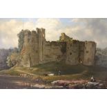 (XIX). English school, stormy landscape with figures before a castle, unsigned, oil on board,