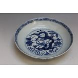 A CHINESE BLUE AND WHITE DISH, decorated a dragon, six character mark to base, Dia 20 cm