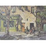 H.W. WRIGHT (XX). Impressionist street scene with three ladies sat on a bench 'Three on a Bench',