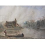 (XX). Continental scene impressionist stormy wooded river landscape, with boats, figures and