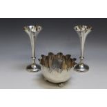 A PAIR OF SMALL HALLMARKED SILVER SPECIMEN VASES, together with a hallmarked silver sugar bowl on