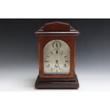 A SHERATON REVIVAL MAHOGANY AND MARQUETRY MUSICAL BRACKET CLOCK, with strike/silent dial, H 42.5 cm