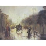 JOHN BAMPFIELD (b.1948). Impressionist rainy street scene with horse drawn cabs and figures,
