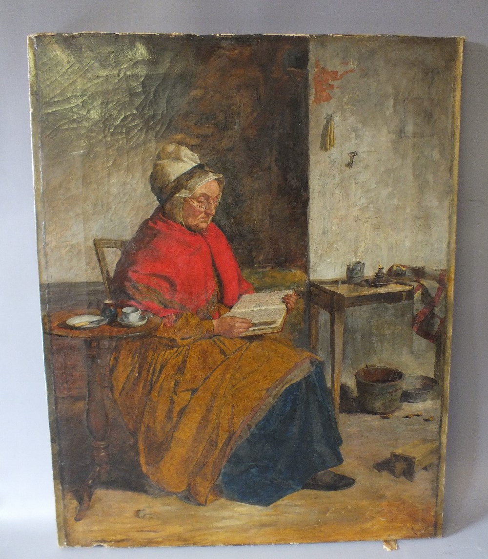 (XIX). British school, cottage interior with seated lady reading a book, unsigned, oil on canvas, - Image 2 of 3
