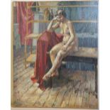 ENGLISH SCHOOL (XXI). Seated female nude, unsigned, oil on canvas laid on board, unframed, 76 x 60