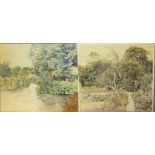 F. HODGKINS. Two rural village scenes, one with garden view the other with stream, both signed
